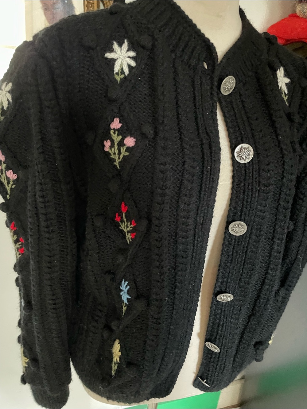 Vintage 80s puff sleeve black floral cardigan cottagecore grandma medium larg